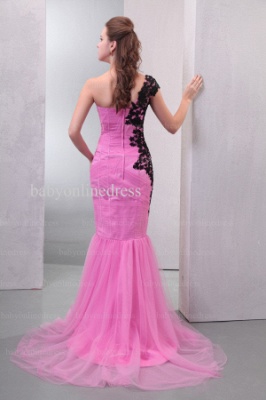 Discounted Dresses For Proms New Design One Shoulder Black Appliques Mermaid Tulle Evening Dresses BO0535_4