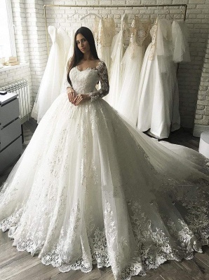 Elegant Ball Gown Lace Wedding Dresses | Scoop Long Sleeves Tulle Bridal Gowns_4