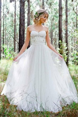 Cheap Simple A-Line Spaghetti Straps Tulle Wedding Dress with Beadings_2