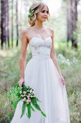 Cheap Simple A-Line Spaghetti Straps Tulle Wedding Dress with Beadings_3