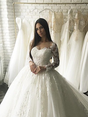 Elegant Ball Gown Lace Wedding Dresses | Scoop Long Sleeves Tulle Bridal Gowns_3