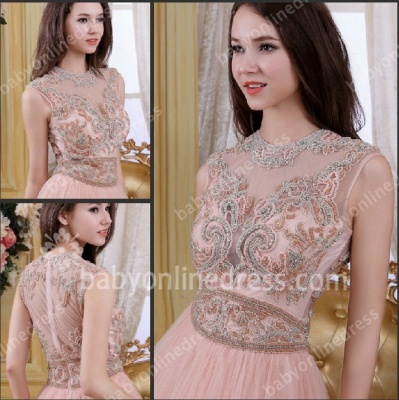 2021 Pink Evening Dresses Jewel Sequined Appliques Cap Sleeve Zipper Chiffon Evening Gowns_3