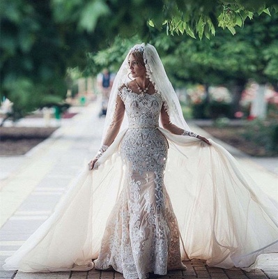 Glamorous Long Sleeves Lace Mermaid Wedding Dresses | Scoop Appliques Detachable Skirt Bridal Gowns_3