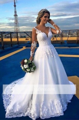 Long-Sleeve V-Neck Appliques A-Line Elegant Lace Wedding Dresses_1