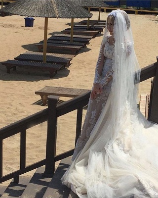 Glamorous Long Sleeves Lace Mermaid Wedding Dresses | Scoop Appliques Detachable Skirt Bridal Gowns_5