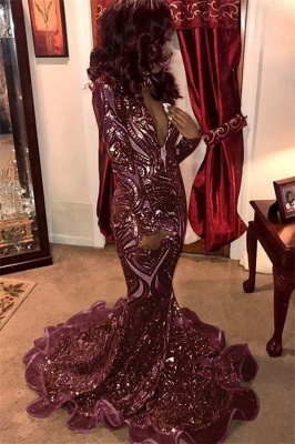 Elegant Gold Appliques Mermaid Evening Dresses | Long-Sleeves V-Neck Prom Dresses_3
