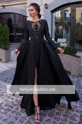 Elegant Jewel Long-Sleeves Front-Split Evening Dresses | Appliques A-Line Formal Gowns_3