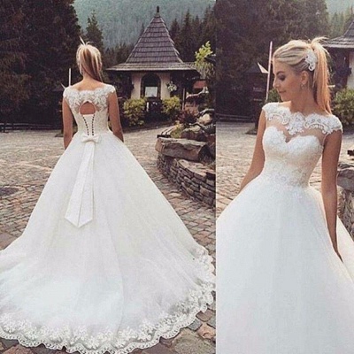 Capped-Sleeves Bow Back Lace-Up Ball Gown Wedding Dresses_3