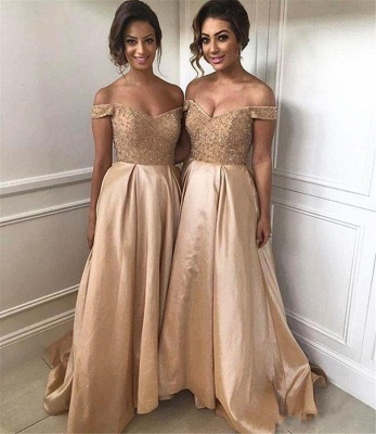 Geogrous A-Line Bridesmaid Dresses | Off-The-Shoulder Beading Maid Of The Honor Dresses_4