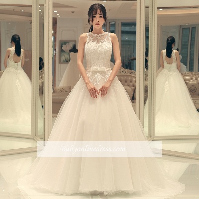 A-line Bow Sleeveless Lace-up Sweep Train Elegant Wedding Dresses_1