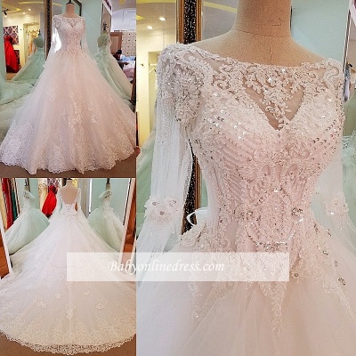 A-line Sequins Sweep Train Long-Sleeves Lace Wedding Dresses_1