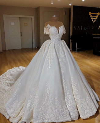 Elegant Lace Ball Gown Wedding Dresses | Scoop Short Sleeves Long Bridal Gowns BC0814_2