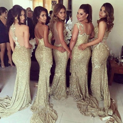 2021 Sexy Sequins Mermaid Bridesmaid Dresses Side Slit Appliques Formal Wedding Party Gowns_2