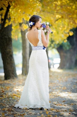 White A-Line Lace Wedding Dresses Sleeveless Open Back Bridal Gowns with Royal Blue Sash_3