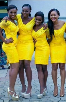Bodycon Off-the-shoulder Sexy Yellow Mini Lace Bridesmaid Dress_2
