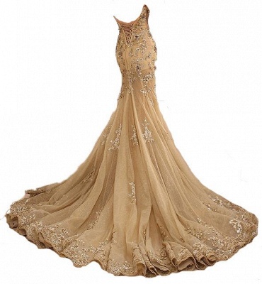Gold Lace Appliques Mermaid Prom Dress_3