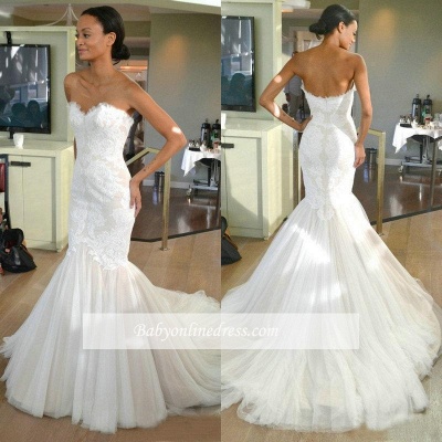 Tulle Sleeves Strapless Lace Mermaid Wedding Dresses with Sweep train_1