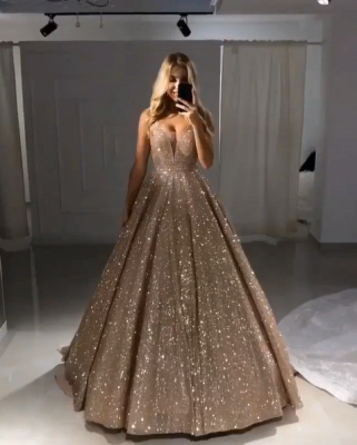 Shiny Gold Ball Gown Evening Dresses | Sexy V-Neck Sequin Prom Dresses BC0412_3