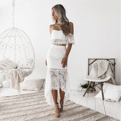 Elegant Two Pieces Mermaid Homecoming Dresses | White Lace Off-The-Shoulder Hi-Lo Cocktail Dresses_4