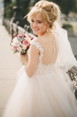 Appliques Gorgeous Tulle Floor-Length Princess Cap-Sleeve Lace Wedding Dresses_4