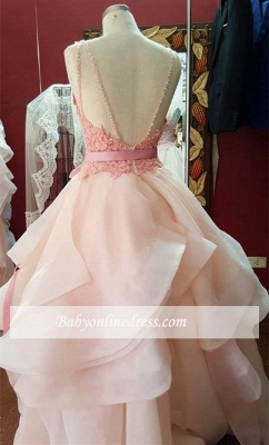 Hot A-Line Open-Back Tiered Pearl-Pink Lace Organza Prom Dresses_3