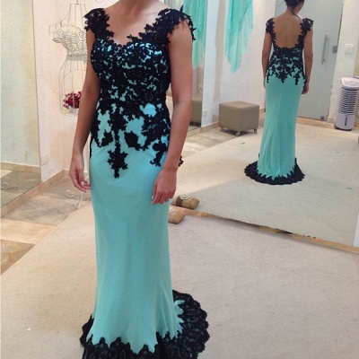 Black Lace Applique Evening Gowns Prom Dresses V Neck Backless Court Train Prom Dresses_1