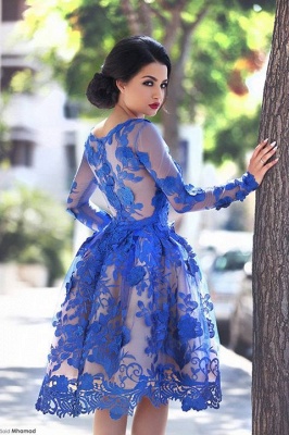 2021 Royal Blue Short Homecoming Dresses Long Sleeves Lace Cocktail Dresses_2