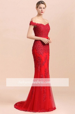 Off-the-shoulder Floor-Length Backless Mermaid Lace Sweetheart Red Beading Evening Dresses_5