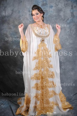 New Arrival Kaftan Arabic Evening Dresses long sleeves With Gold Lace Applique Chiffon Dress_1