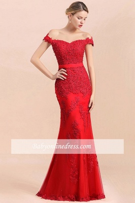 Off-the-shoulder Floor-Length Backless Mermaid Lace Sweetheart Red Beading Evening Dresses_8