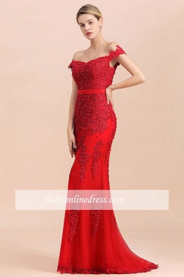 Off-the-shoulder Floor-Length Backless Mermaid Lace Sweetheart Red Beading Evening Dresses_6