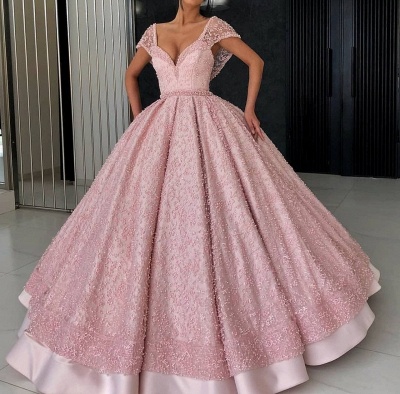 Luxury Pink Ball Gown Prom Dresses | V-Neck Cap Sleeves Beading Quinceanera Dresses_2