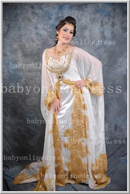 New Arrival Kaftan Arabic Evening Dresses long sleeves With Gold Lace Applique Chiffon Dress_2