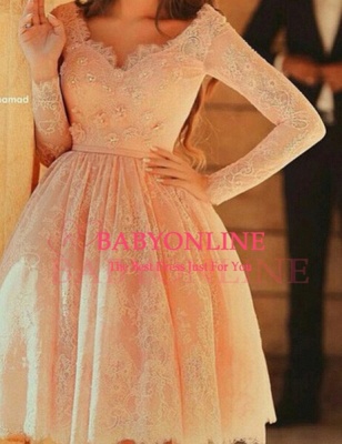 Lace Short Pearl Pink Cocktail Dresses 2021 Beaded Long Sleeves Homecoming Dresses_2