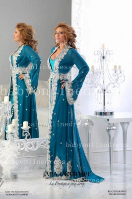 Long Sleeves Arabic Dresses A-line Sheer White Lace Appliques Blue Beaded Evening Gowns Robe_1