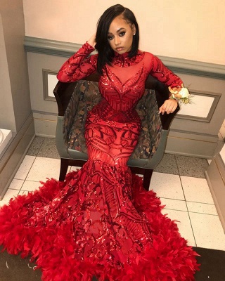 Gorgeous Red Feathers Prom Dresses ｜ High Neck Long Sleeves Formal Dresses_2