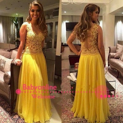 2021 Yellow Long Prom Dresses Lace Beaded Illusion Open Back Chiffon Elegant Evening Gowns_3