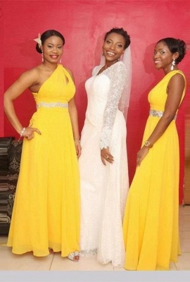 A-line One-Shoulder Beads Modern Chiffon Yellow Bridesmaid Dress_2