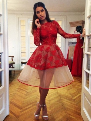 Red Long Sleeves A-Line Homecoming Dresses | Jewel Lace Short Cocktail Dresses_2