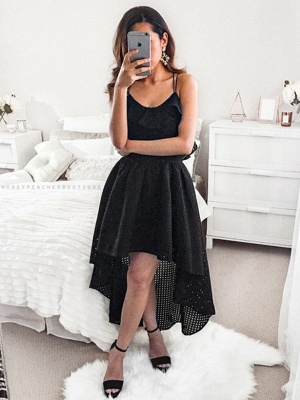 Sexy Black A-Line Homecoming Dresses | Spaghetti Straps Hi-Lo Cocktail Dresses_1