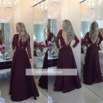 Sexy Burgundy Beadings Prom Dress A-Line Long Sleeves Lace Evening Gowns_1