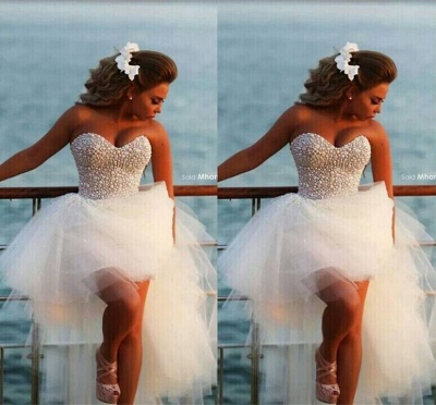 Beach Wedding Gowns Beading Pearls Hi Lo Sweetheart Ruched Ruffle Tulle Bridal Dresses_2