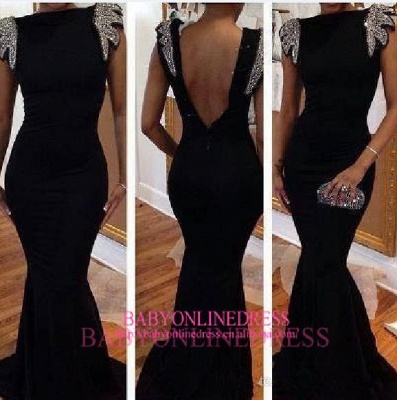 New Arrival Prom Dresses Sexy Black Backless Neading Crystal Cap Sleeves Mermaid Bateau Evening Gowns_2