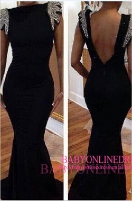 New Arrival Prom Dresses Sexy Black Backless Neading Crystal Cap Sleeves Mermaid Bateau Evening Gowns_1