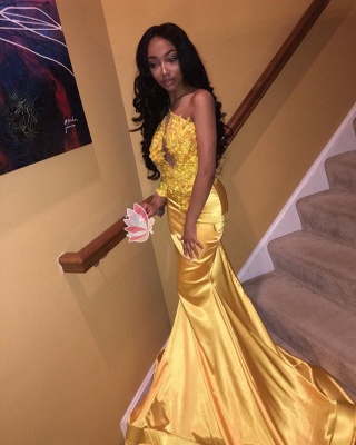 New Yellow Mermaid Prom Dresses | Halter Neck Appliques Evening Gowns_3