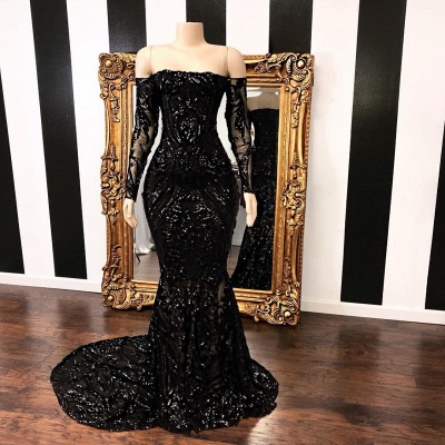 Sexy Black Mermaid Prom Dresses | Off-the-Shoulder Long Sleeves Evening Gowns_4