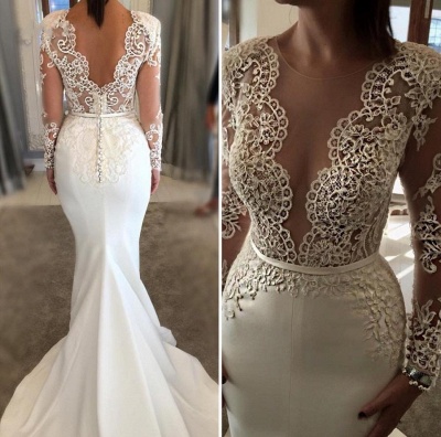 Elegant Lace Mermaid Wedding Dresses | Deep V-Neck Buttons Back Bridal Gowns_2