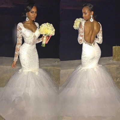 Sexy Mermaid Lace Long-Sleeve Backless Wedding Dress_3