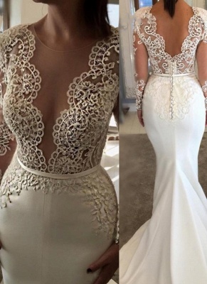 Elegant Lace Mermaid Wedding Dresses | Deep V-Neck Buttons Back Bridal Gowns_1