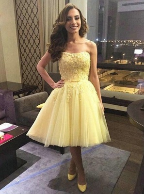 Elegant Yellow A-Line Homecoming Dresses | Strapless Layers Tulle Short Cocktail Dresses_1